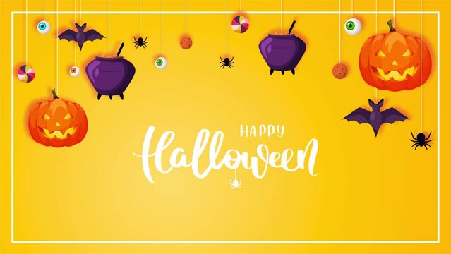 Happy Halloween banner with Halloween elements. Scary pumpkin, cauldron, flying bats, spiders, candies. Animation video.