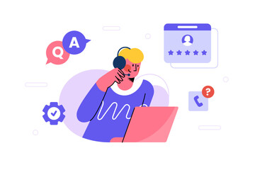 Young man working in a call center in flat design, customer service concept illustration