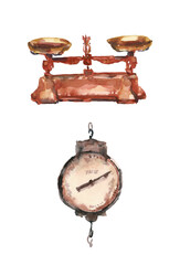 old kitchen scale and rusty mechanical canter scales watercolor illustration