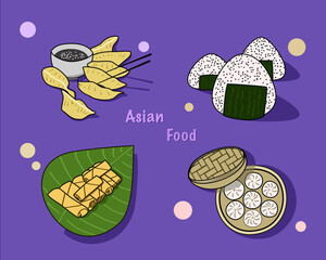 Asian food collection dumplings rice spring rolls steamed buns