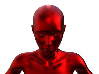 3D render portrait of a red bald woman on a white background.
