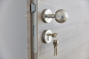 Apartment door with doorknob and key in door lock