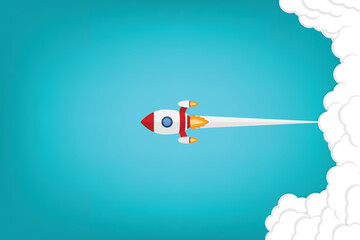 App launch. Startup vector concept, flat cartoon rocket or rocketship launch, mobile phone or smartphone, idea of successful business project start up, boost technology, innovation.	