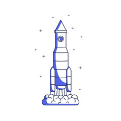 Lineart rocketship flying up to future, cosmos. Rocket ship launched to space, universe. Shuttle, spaceship boost, speed up with engine flame. Flat vector illustration isolated on white background