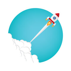App launch. Startup vector concept, flat cartoon rocket or rocketship launch, mobile phone or smartphone, idea of successful business project start up, boost technology, innovation.	