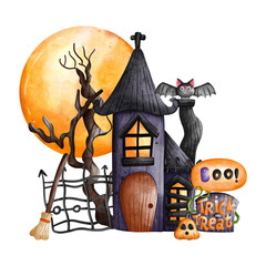 Halloween Pumpkin, Pumpkin kid with haunted house, watercolor illustration, Halloween decorations