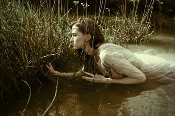 mermaid in reeds - obrazy, fototapety, plakaty