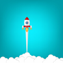 App launch. Startup vector concept, flat cartoon rocket or rocketship launch, mobile phone or smartphone, idea of successful business project start up, boost technology, innovation.