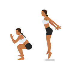 Woman doing jump squat exercise. Flat vector illustration isolated on white background