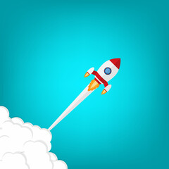 App launch. Startup vector concept, flat cartoon rocket or rocketship launch, mobile phone or smartphone, idea of successful business project start up, boost technology, innovation.