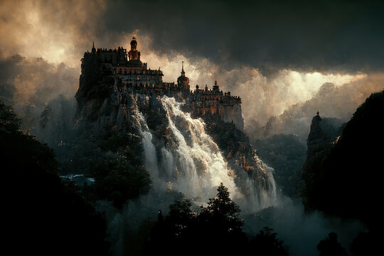 Dark fantasy painting of a castle on top of a mountain above a waterfall.