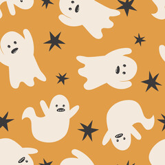 Happy Halloween cute vector seamless pattern with cartoon ghost. Creative childish texture in scandinavian style. Great for fabric, textile Vector Illustration.