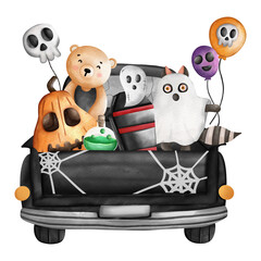 Cute Halloween animals, Trick or Treat. Halloween Animals kid ghost on truck © Apixsala