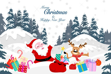Vector drawing for merry Christmas postcard, Santa claus and deer celebrate new year on a mountain covering by white snow and snowflake, forest and blue pine tree on background 