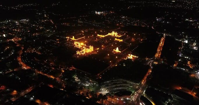 Aerial shot of Mysore palace fully illuminated at night