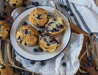 Fresh baked blueberry muffins on a plate