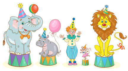 Funny circus animals and clown boy. Elephant, hippopotamus, mouse and lion are on the pedestals. In cartoon style. Isolated on white background. Vector illustration