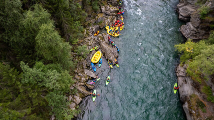 Drone shot of whitewater rafting and kayaking