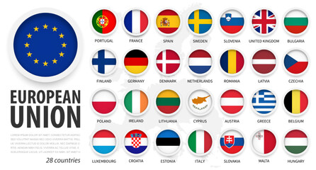 European union . EU and membership flags . Flat simple circle element design with white frame . Isolated background and europe map . Vector . - obrazy, fototapety, plakaty