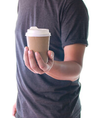 A man holding a paper cup of coffee on transparent background png file