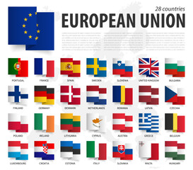 European Union . EU . Waving zig zag ribbon flag design . Europe map on background . Element vector .