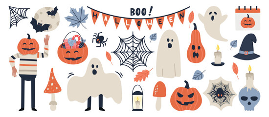 Vector set of handwritten text 'Halloween' and cute Halloween icons: ghosts, bats, pumpkin, Halloween candies, spiders. Doodle collection with holiday decorations. Funny Halloween greeting card.