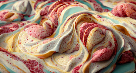 Illustration colorful ice cream cake close up texture. Wavy, stylized backdrop. Abstract waves, curves lines hills. Artistic texture background. Tasty raspberry tart wallpaper.