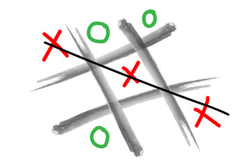 Tic Tac Toe Game background design, also known as X O puzzle using red, green, gray & white colors. Used to express intelligence, problem solving strategy, planning & mind thinking concepts.