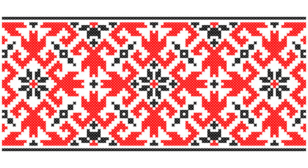 Seamless traditional Ukraine pattern Slavic ornament embroidered cross-stitch. Red black and white.