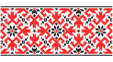 Seamless traditional Ukraine pattern Slavic ornament embroidered cross-stitch. Red black and white.