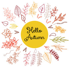 Set. Autumn leaves, tree branches, grass. Contour handwork. The colors of seasonal autumn decor are red, yellow, orange, brown, cherry. Can be used for your seasonal decor, postcard, poster, layout, p