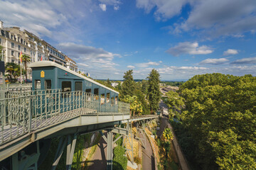 The famous Funicular, a cable train connecting the upper and lower town of Pau in the south of...