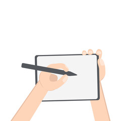 Hand Holding Tablet Landscape Using Left Handed Writing Stylus Pen