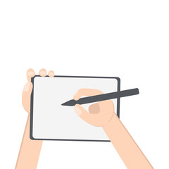 Hand Holding Tablet Landscape Using Right Handed Writing Stylus Pen