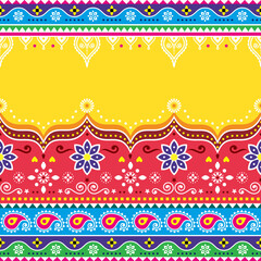 Indian and Pakistani truck art vector design with empty space for text, Jingle trucks seamless textile or greeting card pattern- 522706374