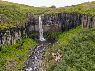 Drone view at Svartifoss waterfall on Skaftafell national park, Iceland