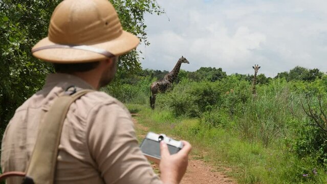 a male traveler takes a photo on a film camera of a giraffe in the savannah. giraffe in the savannah Serengeti National Park at sunset. Wild nature of Tanzania - Africa. Safari Travel Destination.