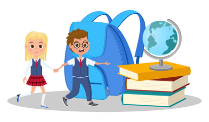Children are rushing to school .Children on the background of textbooks briefcase and globe.Vector illustration.