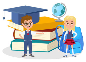 Children are getting ready for school.Children on the background of textbooks briefcase and globe.Vector illustration.