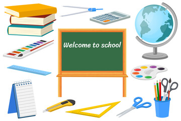 School supplies.Blackboard scissors fountain pens pencils rulers globe paints and calculator on a white background.Vector illustration.