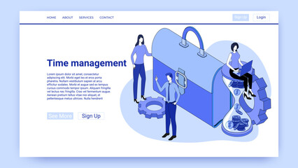 Time management.Time control and financial investments.An illustration in the style of the landing page is blue.