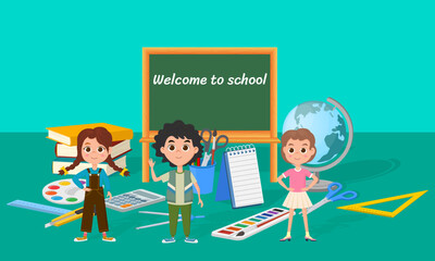 Welcome to the school.Children on the background of a set of school supplies .Vector illustration.