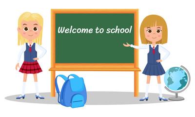 Welcome to the school.Children are getting ready to go to school and are standing near the blackboard .Vector illustration.