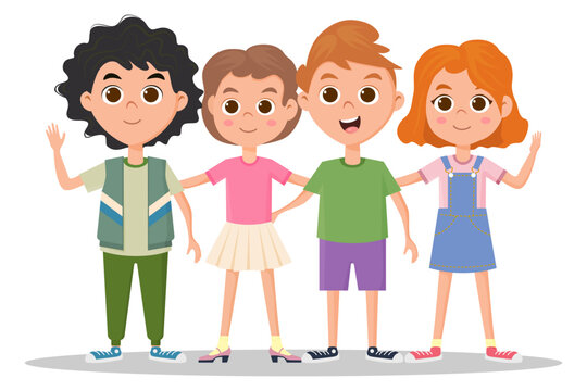 Happy funny and cute boys and girls are standing and hugging.Flat vector illustration