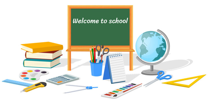 Welcome to the school.A set of school supplies .Vector illustration.