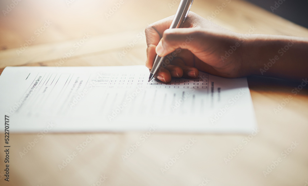 Poster closeup of business hands of a person filling out paperwork. hand of an individual writing test, inf