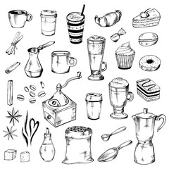 Coffee and desserts big vector set. Hand-drawn graphics elements.