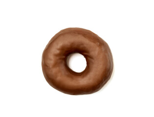 Tasty Donut dessert with chocolate glossy glaze, isolated on white background. One round chocolate doughnut cake for your design and print, clipping path included