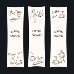 coffee is organic. A hand drawn vector banner. Coffee beans, a cup of coffee and a croissant with ice cream. The concept of love for coffee. Vector illustration in doodle style