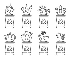 Set of garbage bins for recycling different types of waste. Sorting and recycling waste. vector illustration